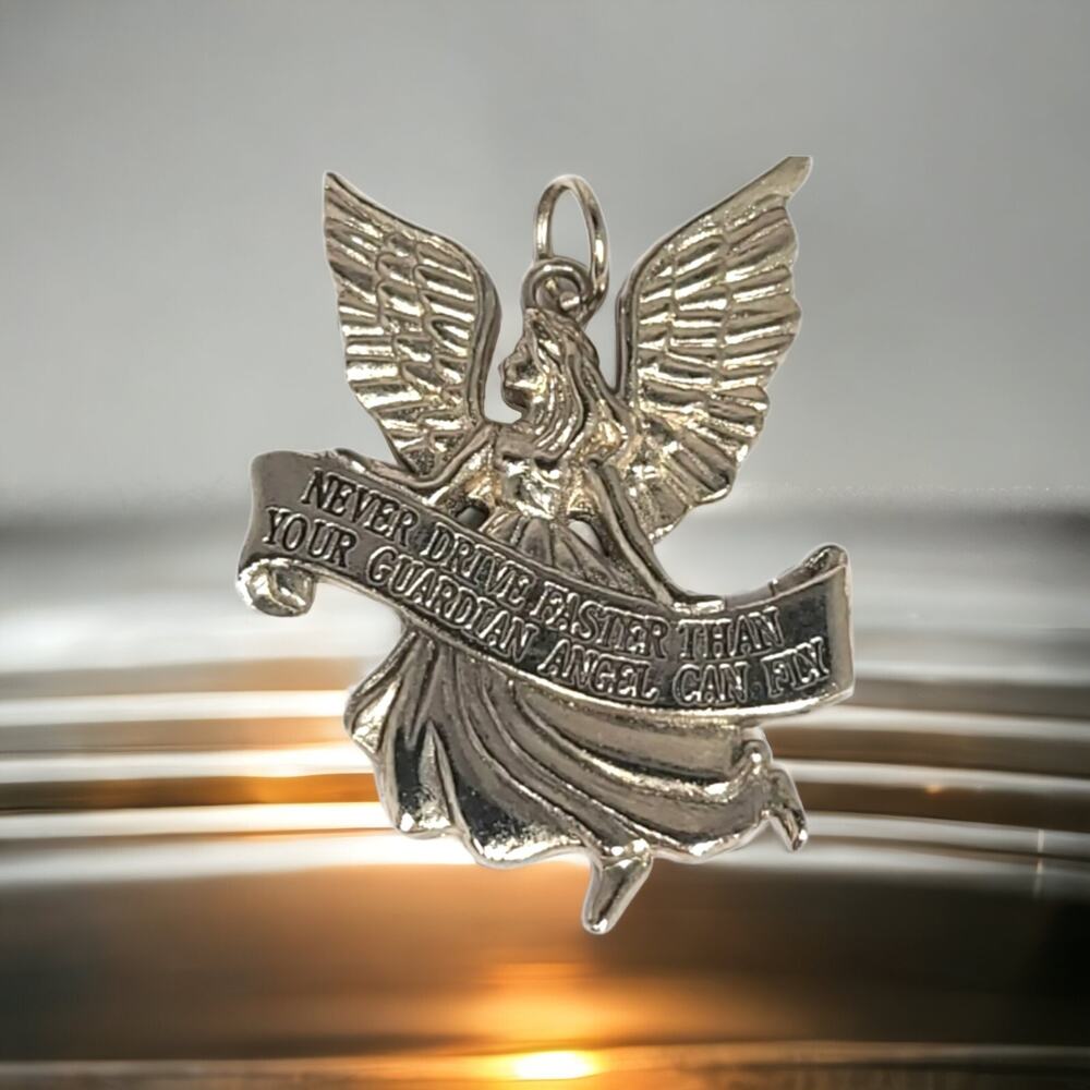 Never Drive Faster Than Your Guardian Angel Can Fly Silver Tone Pendant